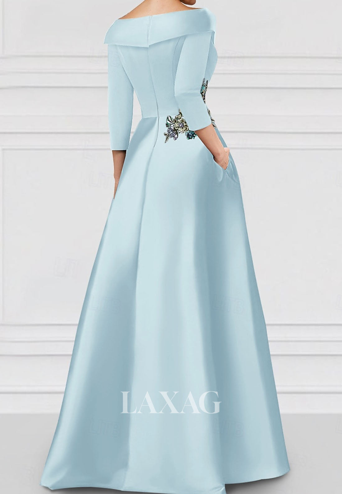 A-Line V-Neck Collared 3/4-Sleeves Evening Dress Sequined Floral Embellished Satin Formal Gowns