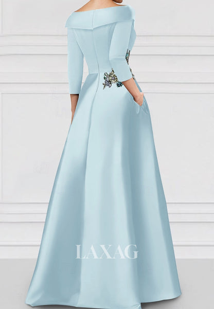 A-Line V-Neck Collared 3/4-Sleeves Evening Dress Sequined Floral Embellished Satin Formal Gowns