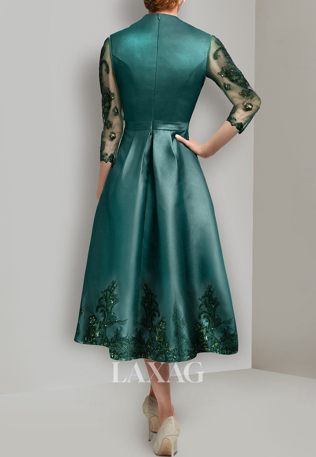 V-Neck 3/4-Sleeves Sequined Applique Tulle&Satin Tea-Length A-Line Mother of the Bride Dress