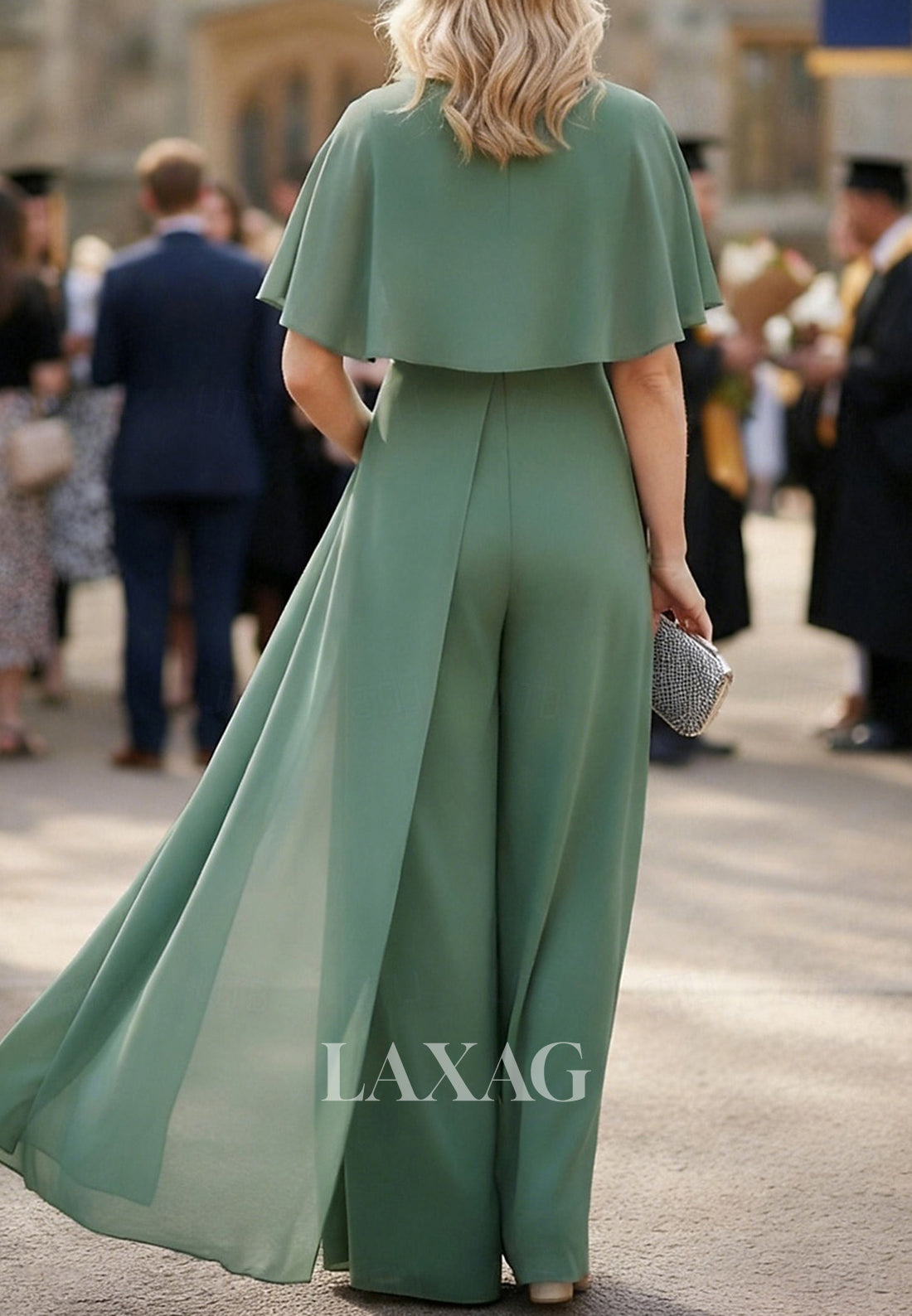 Scoop-Neck Sleeveless Chiffon Pleated Jumpsuit Mother of the Bride Dress with Overlay