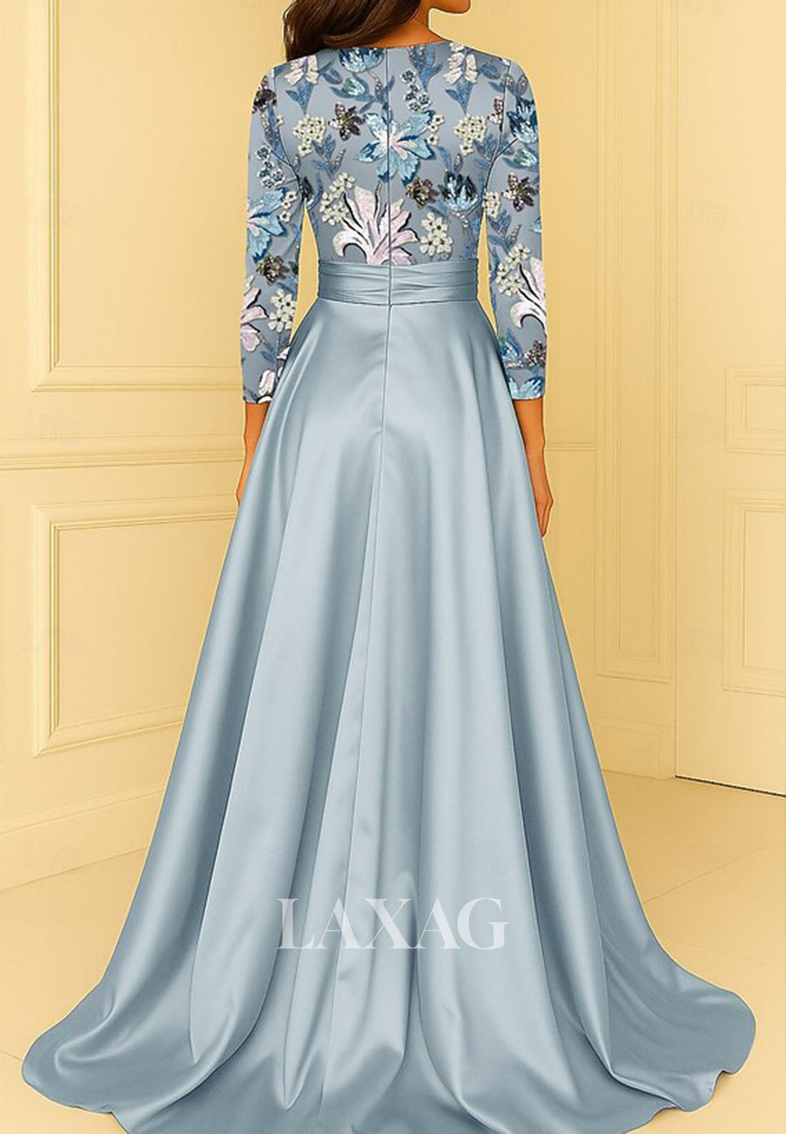 Scoop-Neck Satin Floor-Length Formal Gowns Long-Sleeves Sequined Applique A-Line Evening Dress