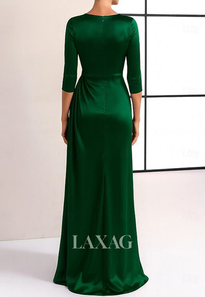 Scoop-Neck 3/4-Sleeves Floral Embellished Pleated Satin Fitted Evening Dress with Sweep Train