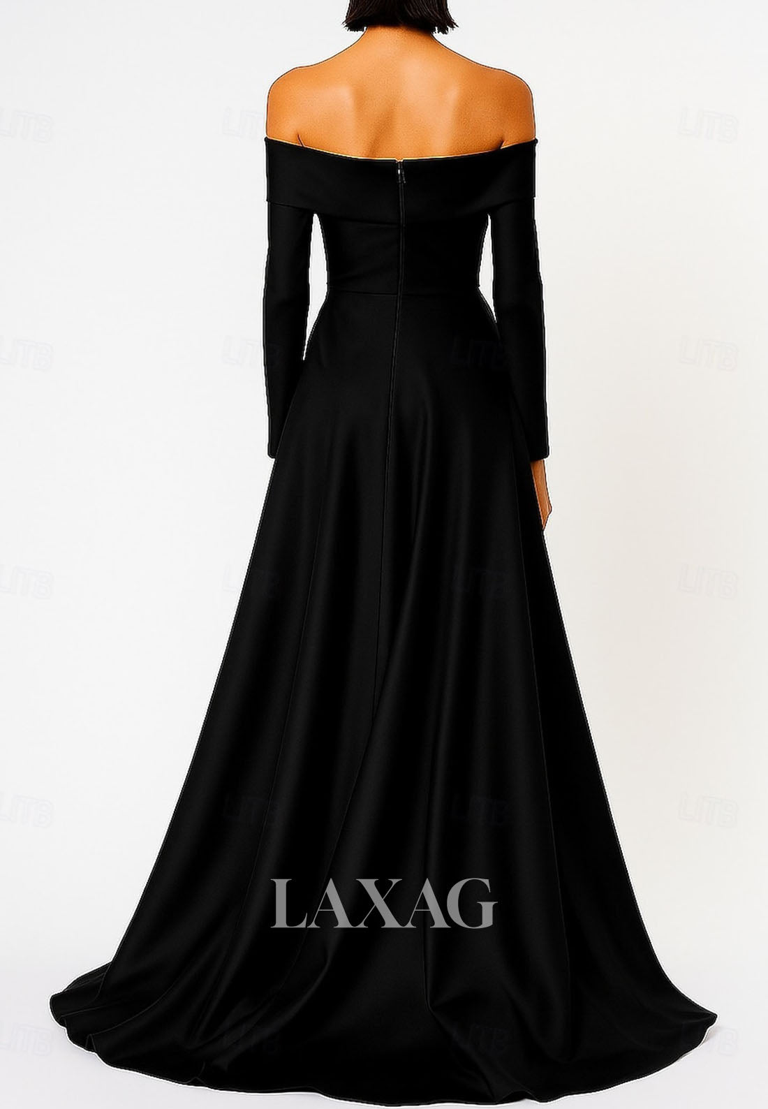 Bateau-Neck Off-Shoulder Long-Sleeves Satin Pleated Floor-Length A-Line Formal Evening Dress