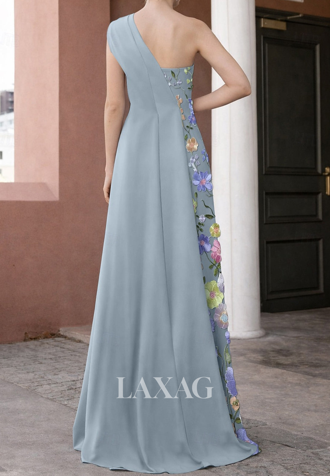 Asymmetrical-Neck Sleeveless 3D-Floral Jacquard Satin Pleated Floor-Length Fitted Evening Dress