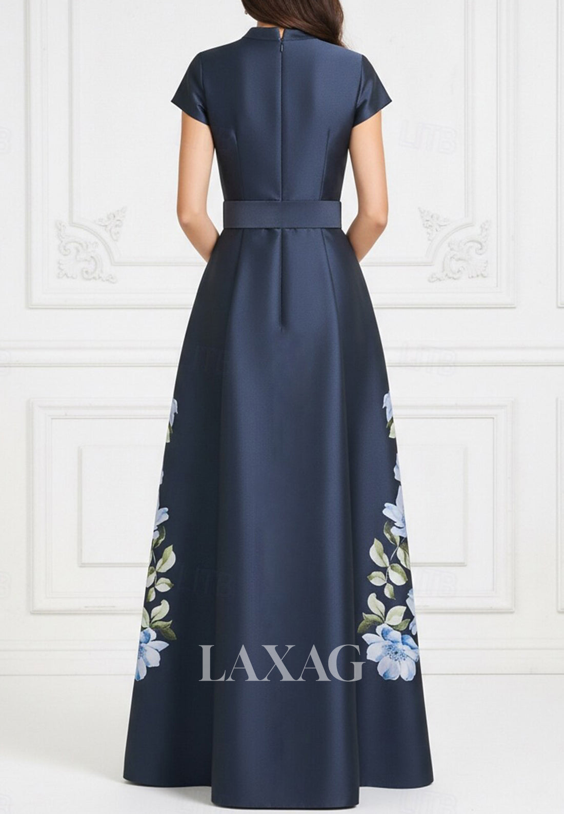 Scoop-Neck Cap-Sleeves Print-Satin Floor-Length A-line Formal Morth of the Bride Dress