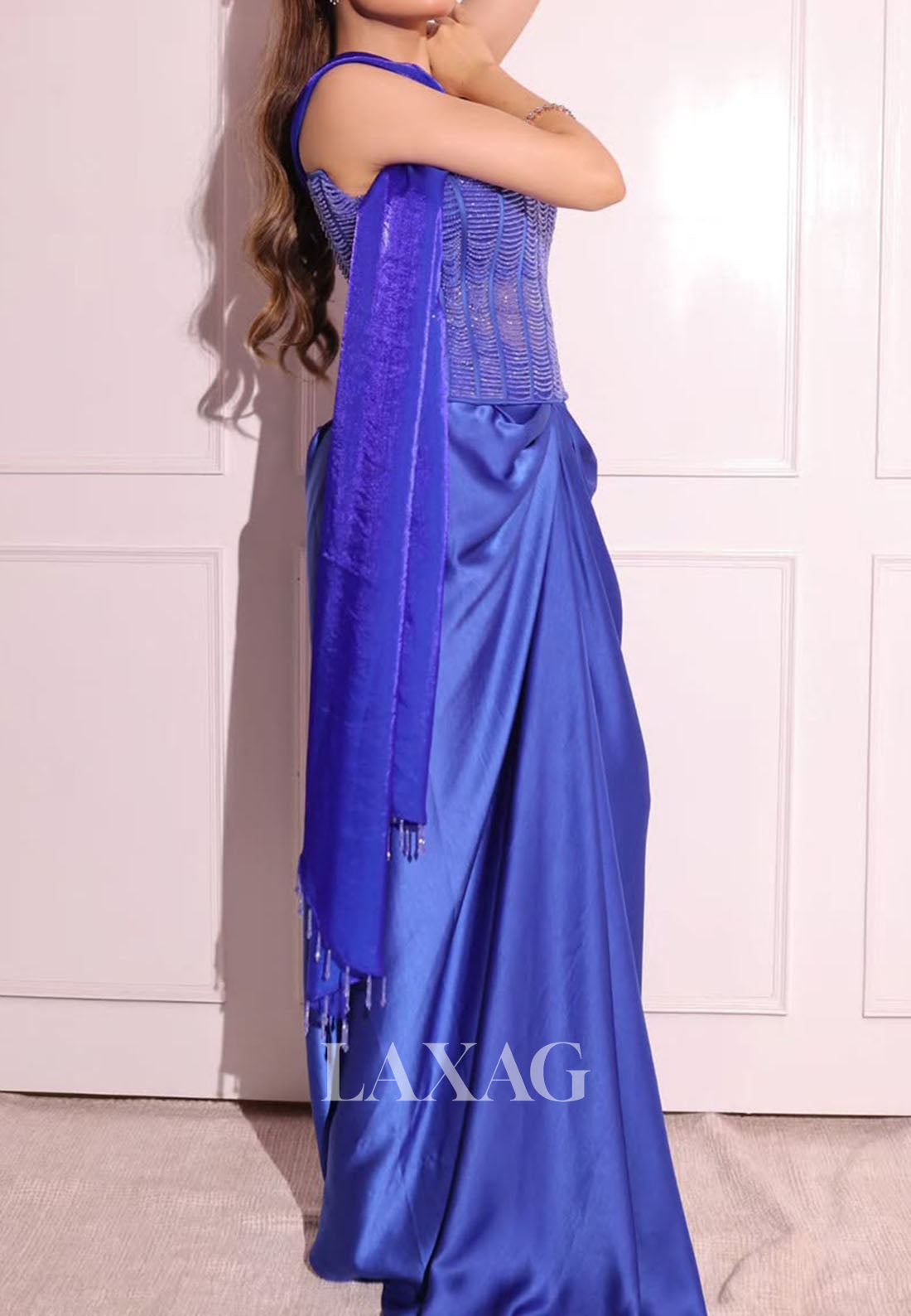 Off-Shoulder Sweetheart Sleeveless Beaded Sequined Pleated Satin Mermaid Prom Dress