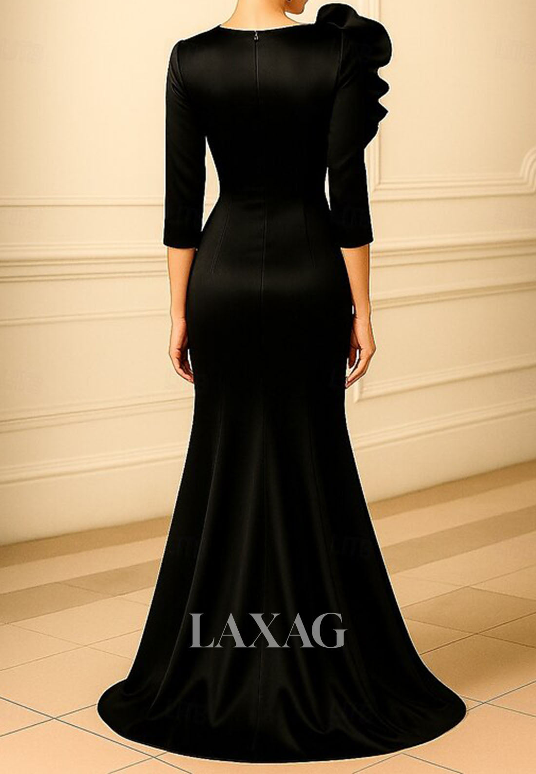 Scoop-Neck 3/4-Sleeves Floor-Length Floral Embellished Satin Mermaid Evening Dress with Slit