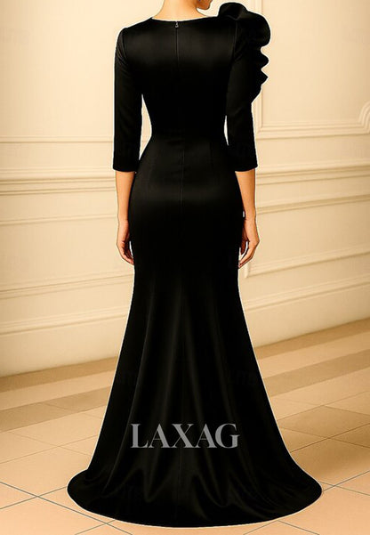 Scoop-Neck 3/4-Sleeves Floor-Length Floral Embellished Satin Mermaid Evening Dress with Slit