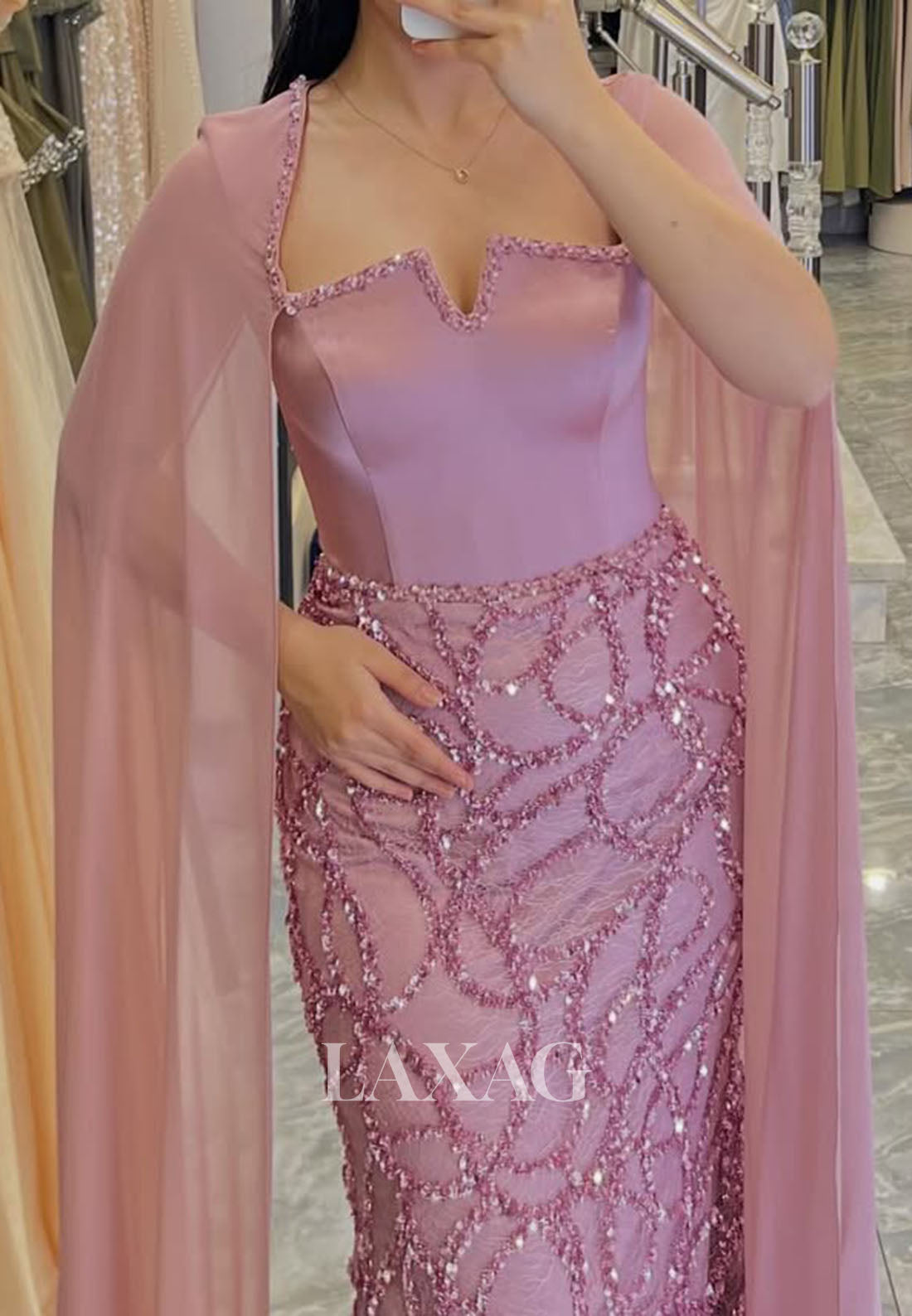 Square-Neck Cape-Sleeves Mermaid Evening Dress Sequined Beaded Chiffon Floor-Length Formal Gowns