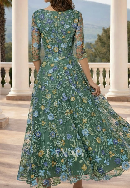Deep V-Neck Half-Sleeves Jacquard Tulle&Satin Pleated Sheer Ankle-Length A-Line Evening Dress