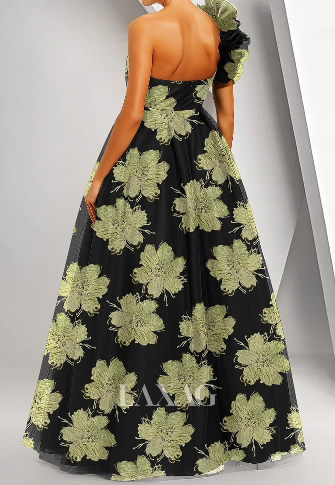 Tube Top One-Strap Sleeveless Jacquard Tulle Pleated Floor-Length A-Line Evening Dress