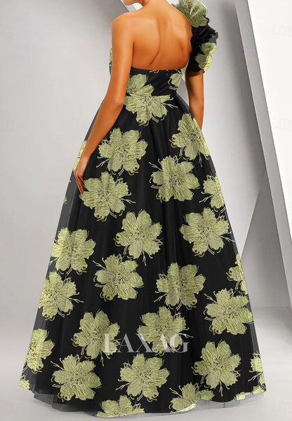Tube Top One-Strap Sleeveless Jacquard Tulle Pleated Floor-Length A-Line Evening Dress