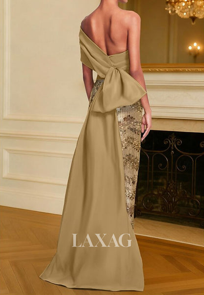 Asymmetrical-Neck Sequined Applique Mermaid Evening Dress Off-Shoulder Pleated Satin Formal Gowns