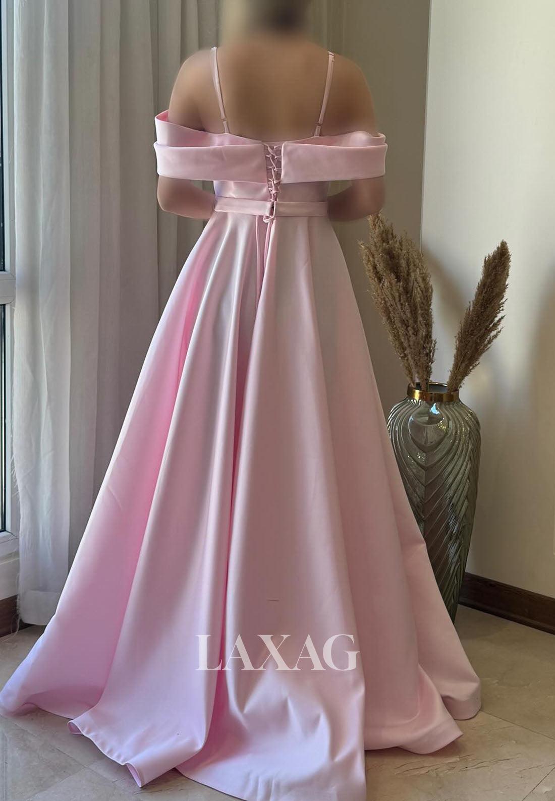 Bateau-Neck Spaghetti Straps Sleeveless Pleated Satin Floor-Length A-Line Party Prom Dress
