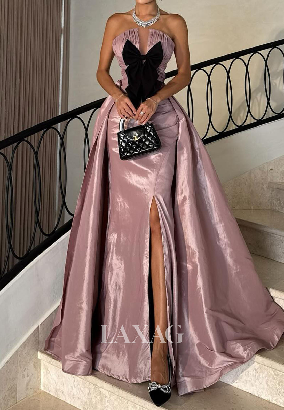 Tube Top Off-Shoulder Mermaid Evening Dress Sleeveless Pleated Satin Formal Gowns with Bows