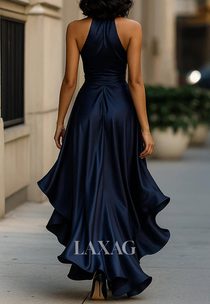 Halter V-Neck Sleeveless Mermaid Mother of Bride Dress Sleeveless High-Low Pleated Satin Formal Gowns