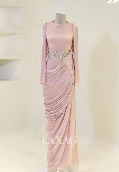 Scoop-Neck Long-Sleeves Rhinestone Beaded Chiffon Pleated Floor-Length Mermaid Evening Dress