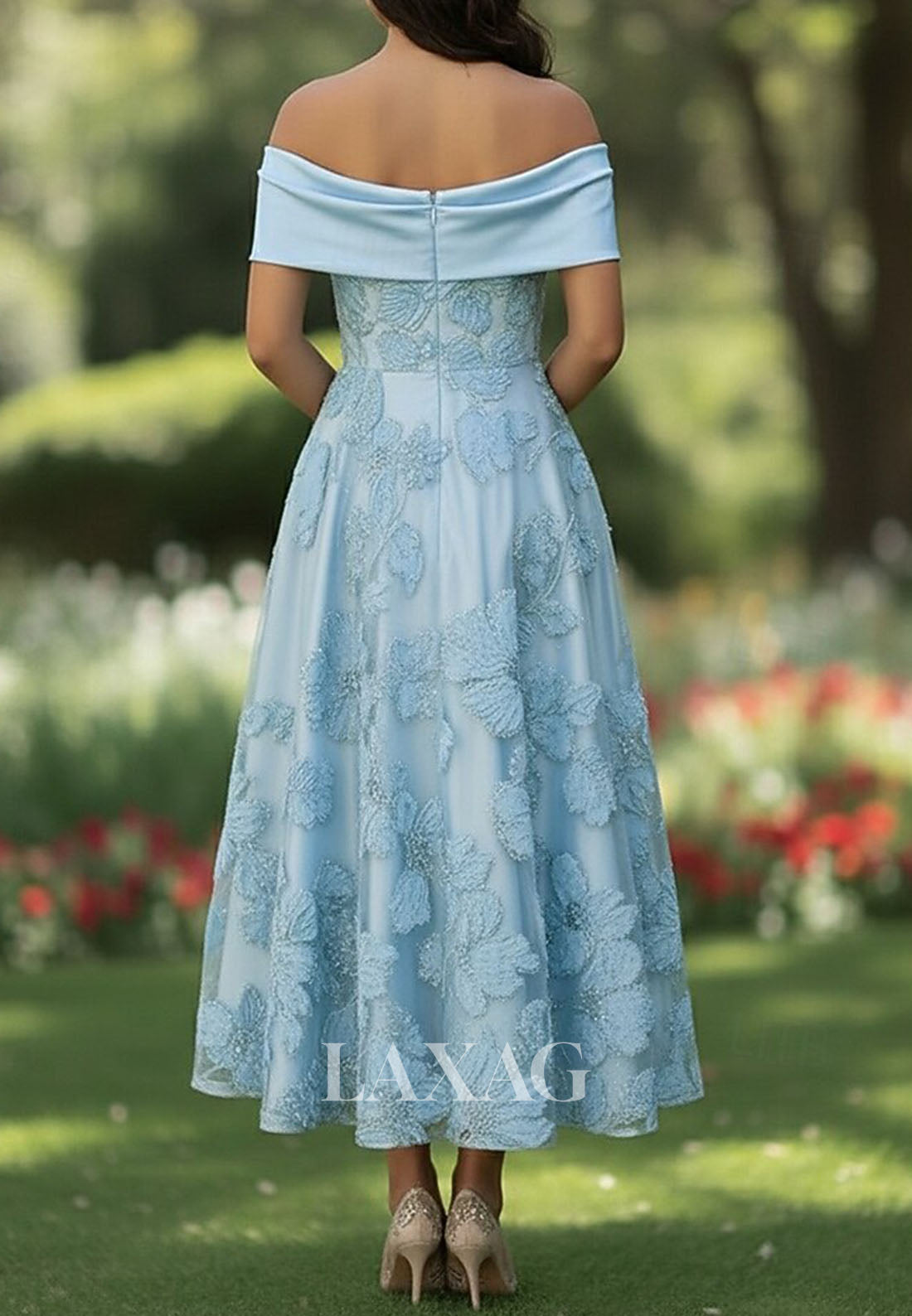 Asymmetrical-Neck Beaded Floral-Applique A-Line Evening Dress Off-Shoulder Satin Pleated Formal Gowns