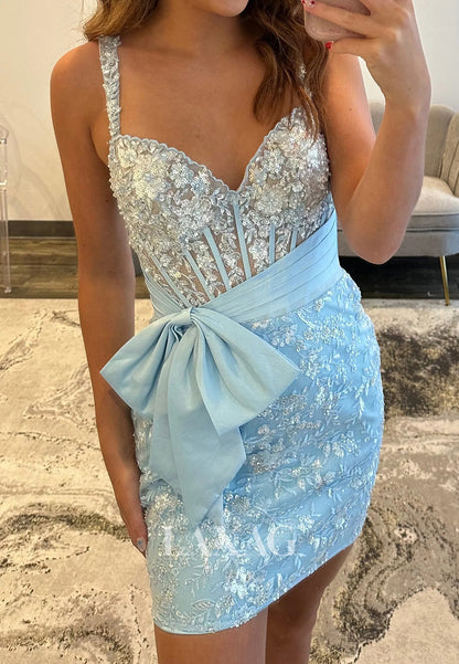 Sweetheart Spaghetti Straps Applique Sequined Mermaid Party Homecoming Dress with Bow