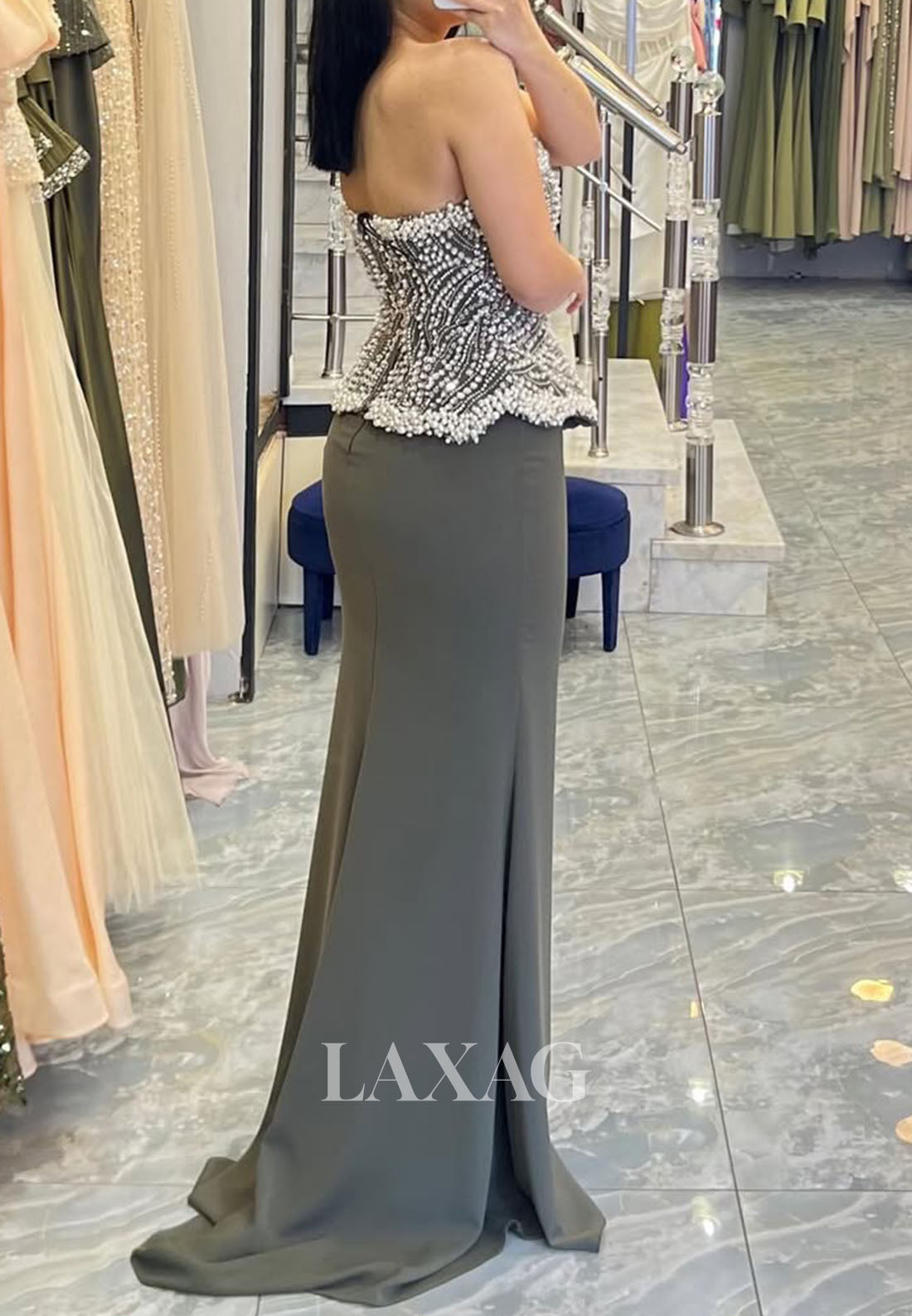 Tube Top Off-Shoulder Sleeveless Pearls Beaded Satin Floor-Length Mermaid Formal Evening Dress