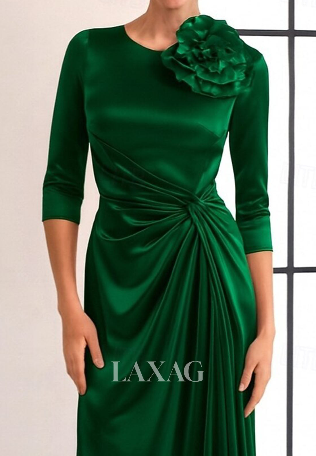Scoop-Neck 3/4-Sleeves Floral Embellished Pleated Satin Fitted Evening Dress with Sweep Train