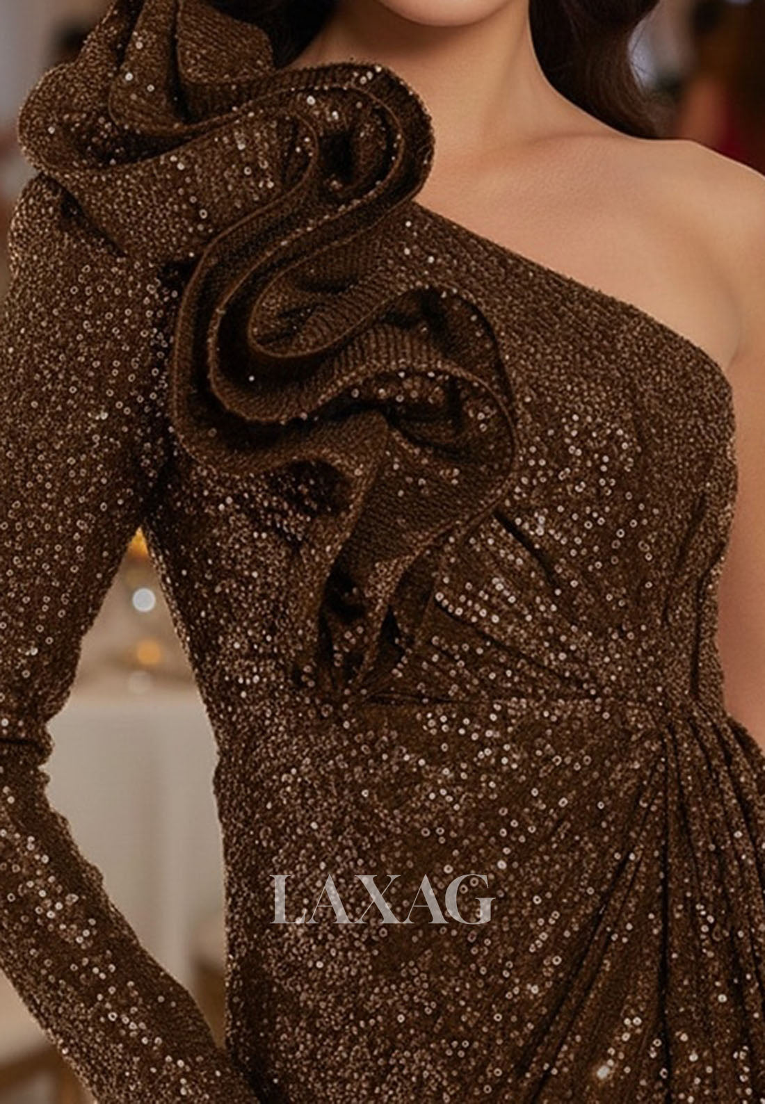 Asymmetrical-Neck One-Long-Sleeves Fully Sequined Ruffled Pleated Fitted Evening Dress