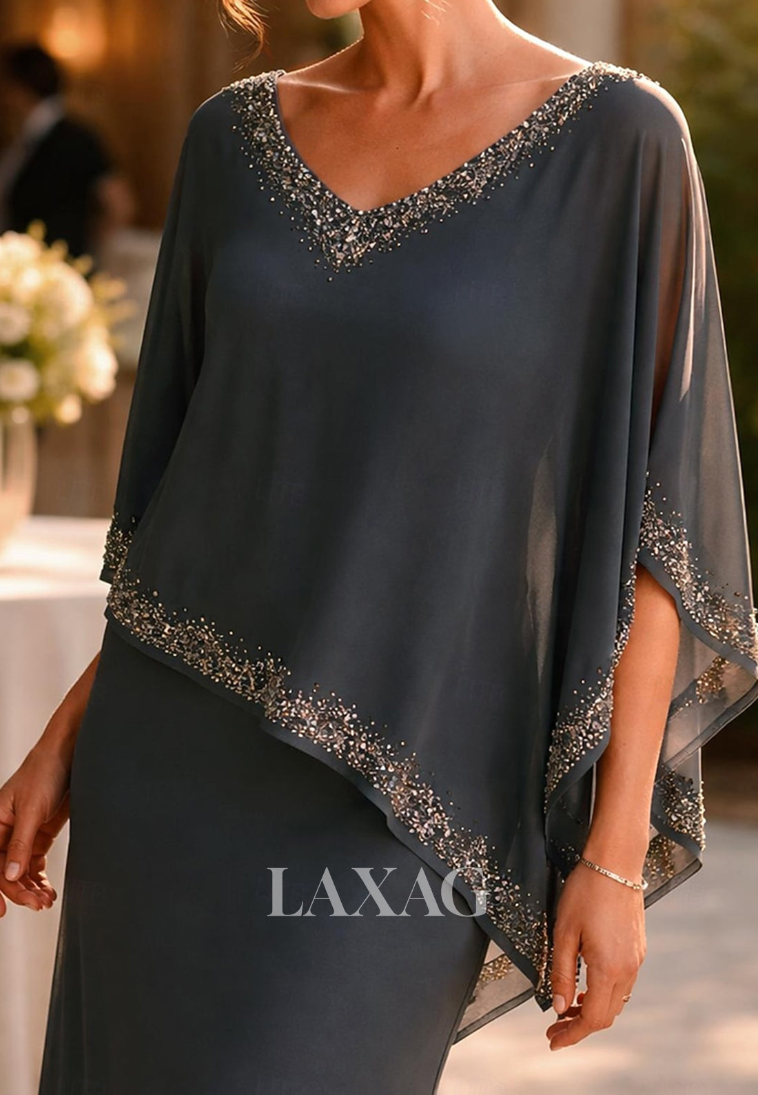 V-Neck Floor-Length Sequined Beaded Chiffon Mermaid Mother of the Bride Dress