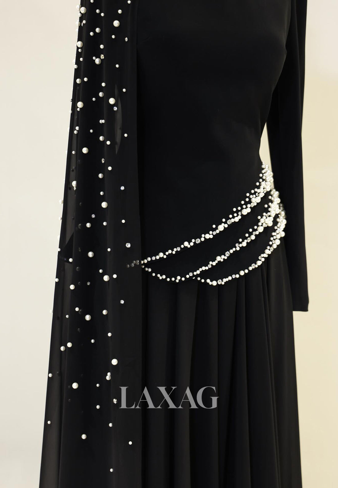 High-Neck Long-Sleeves Pearls Beaded Chiffon Pleated Floor-Length Fitted Evening Dress