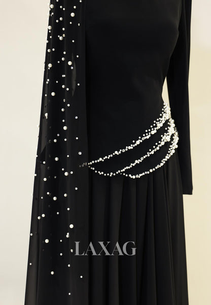 High-Neck Long-Sleeves Pearls Beaded Chiffon Pleated Floor-Length Fitted Evening Dress