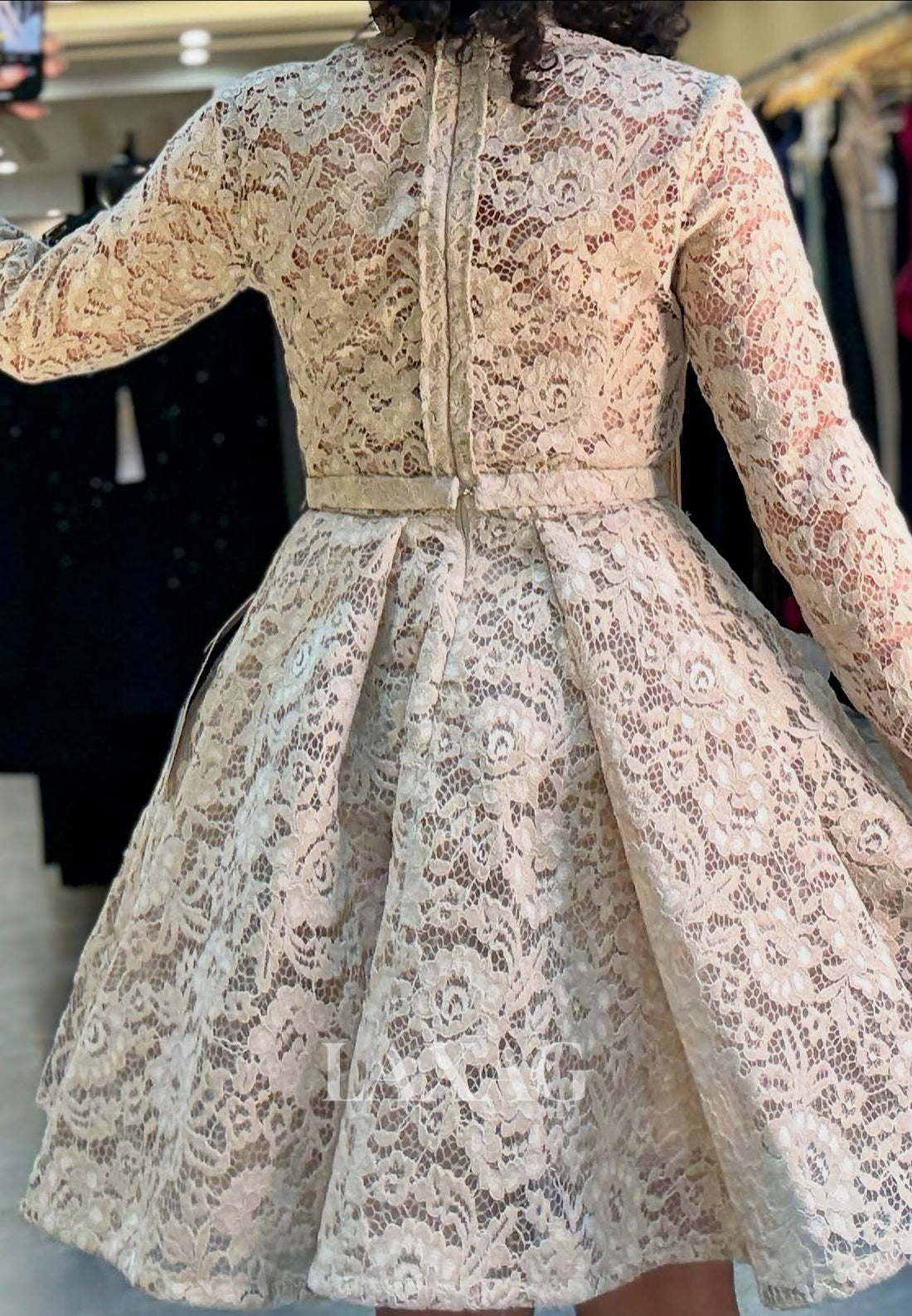 High-Neck Long-Sleeves Allover Lace Pleated Party Short A-Line Party Homecoming Dress