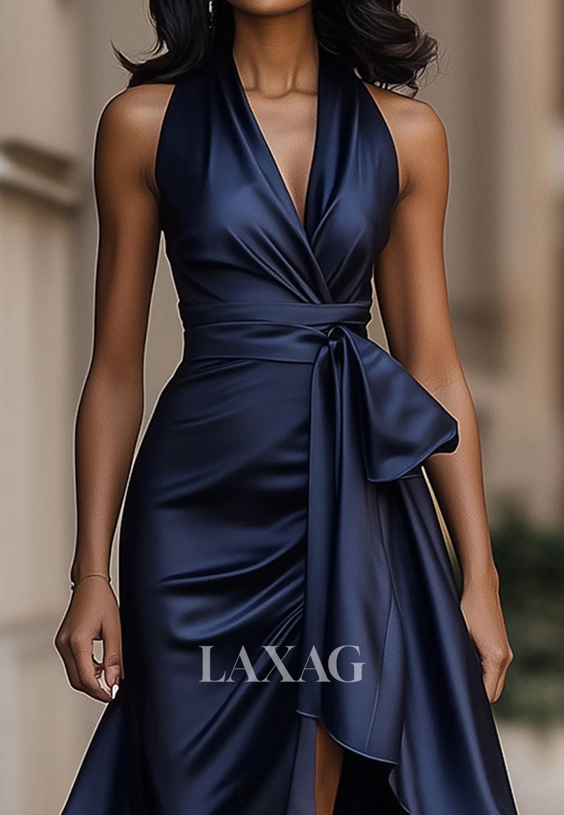 Halter V-Neck Sleeveless Mermaid Mother of Bride Dress Sleeveless High-Low Pleated Satin Formal Gowns