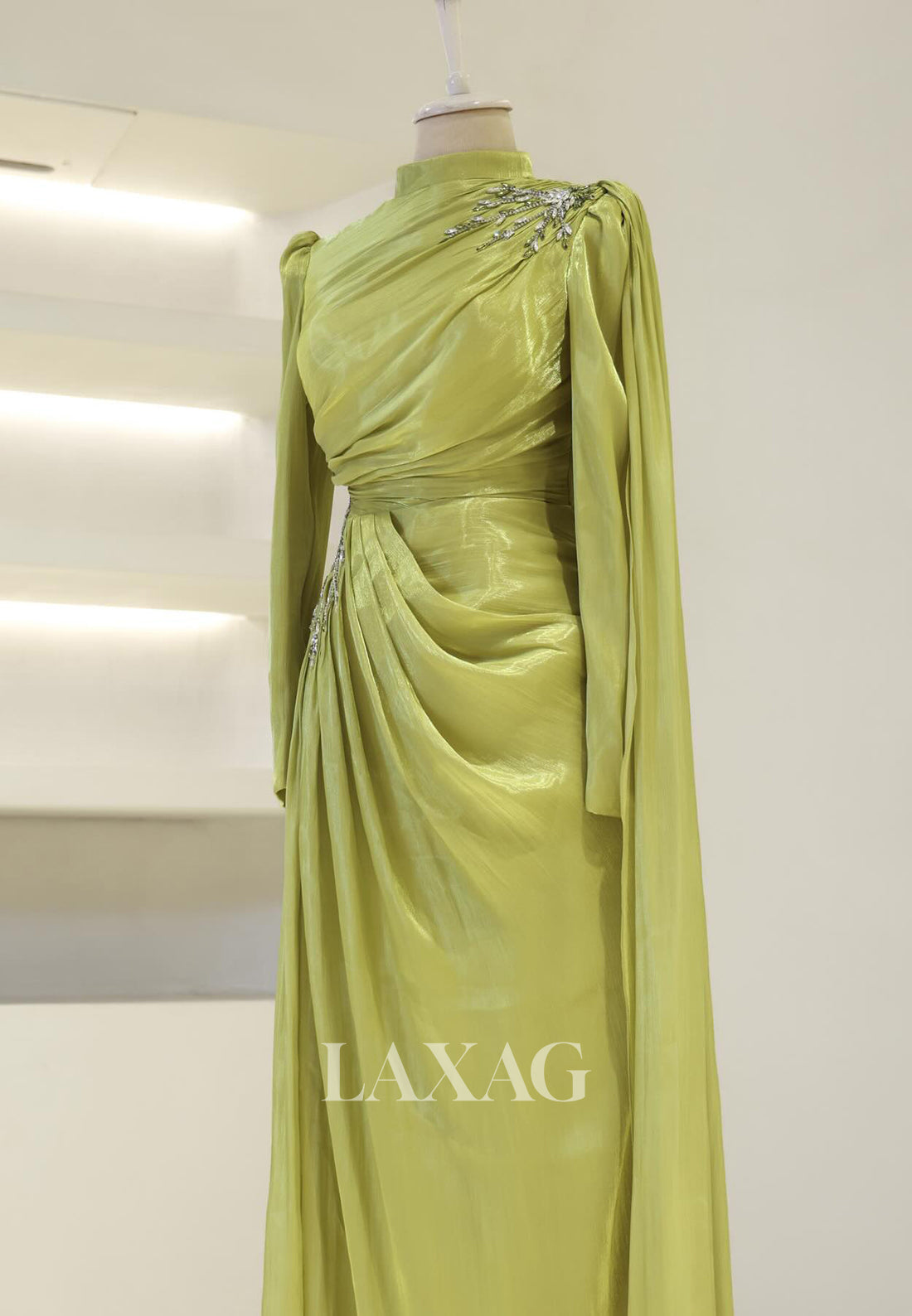 High-Neck Long-Sleeves Rhinestone Beaded Chiffon Pleated Floor-Length Fitted Evening Dress