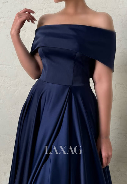 Bateau-Neck Off-Shoulder Sleeveless Satin Pleated A-Line Party Prom Dress with High Slit