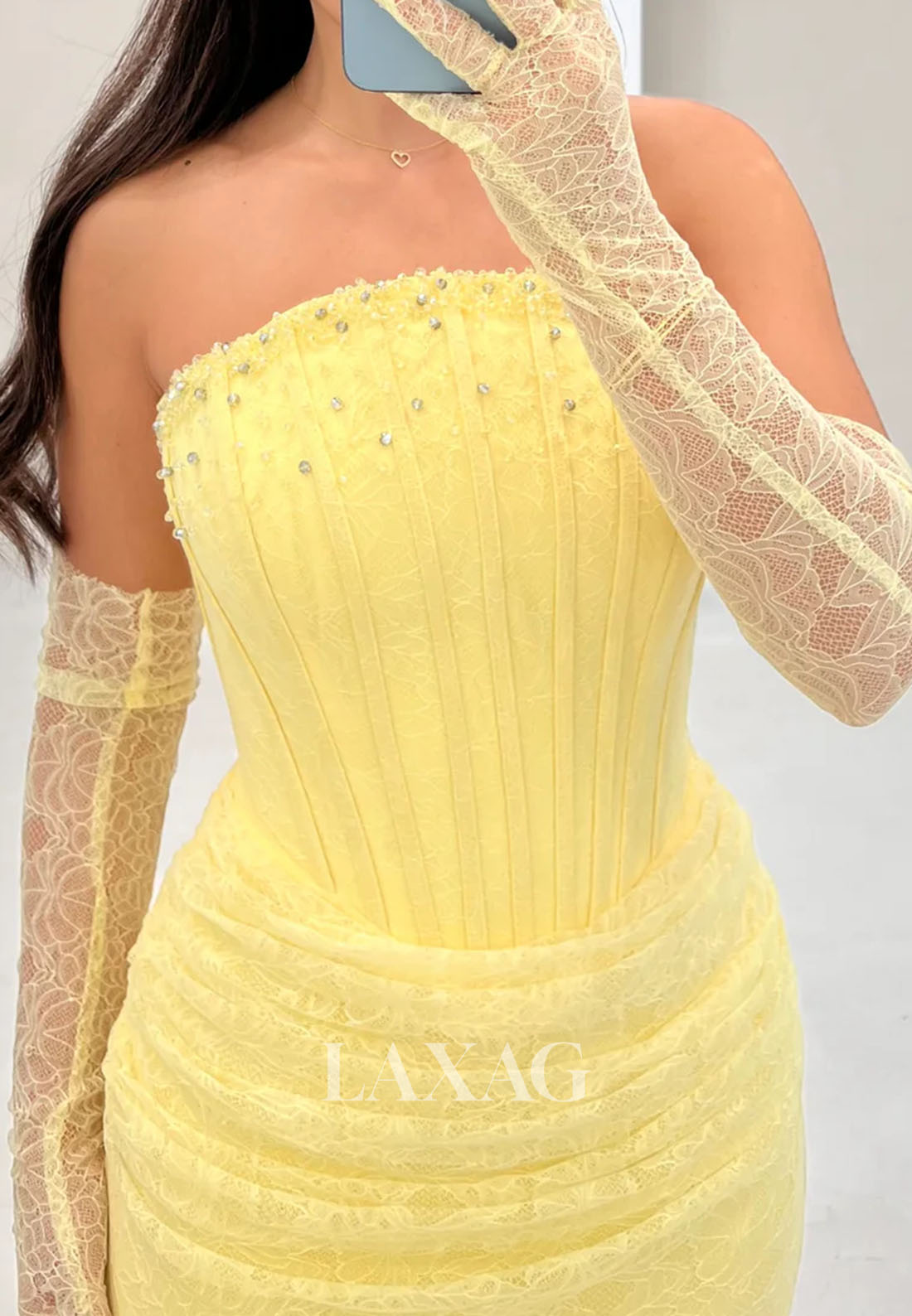 Off-Shoulder Pleated Allover Lace Formal Gowns Tube Top Sleeveless Beaded Mermaid Evening Dress