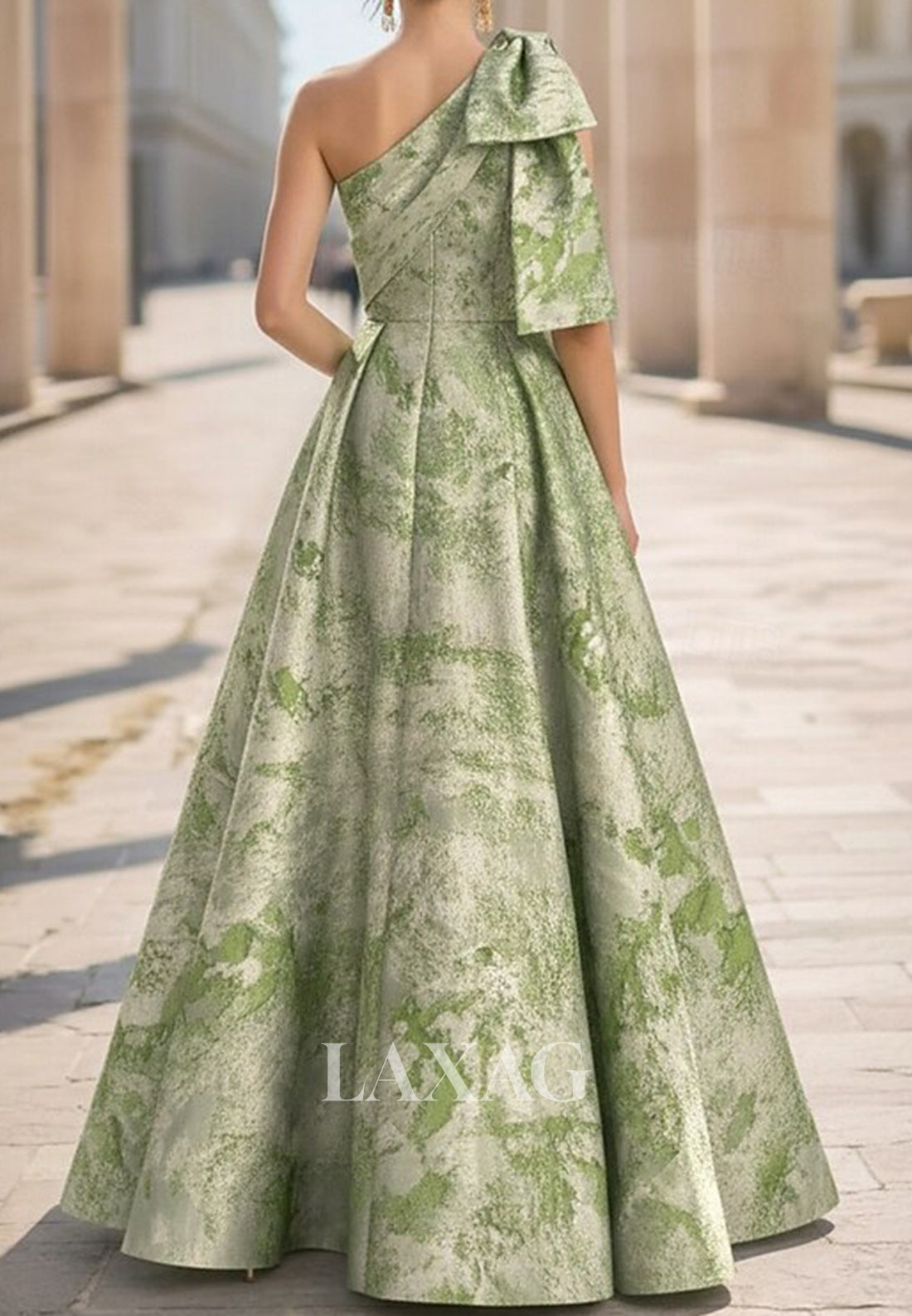 Bow-Strap Asymmetrical-Neck Sleeveless Jacquard Satin Pleated A-Line Evening Dress with High Slit