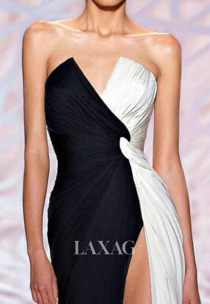 V-Neck Floor-Length Pleated Chiffon Mermaid Evening Dress Sleeveless Two Tone Formal Gowns