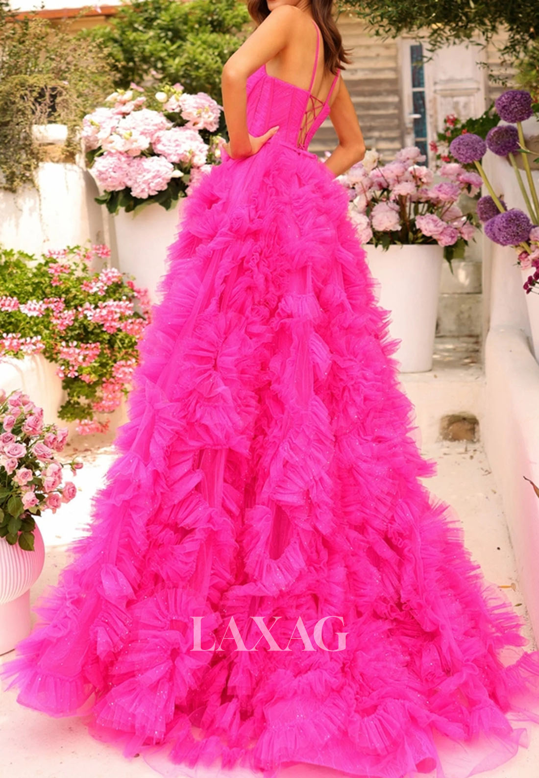 V-Neck Spaghetti Straps Tiered A-Line Prom Dress Sleeveless Beaded Pleated Tulle Party Gowns