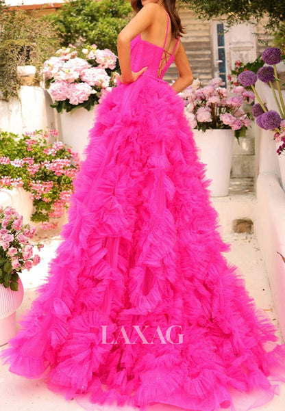 V-Neck Spaghetti Straps Tiered A-Line Prom Dress Sleeveless Beaded Pleated Tulle Party Gowns