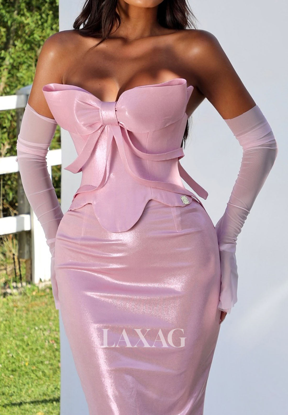 Bow Tube Top Off-Shoulder Mermaid Evening Dress Sleeveless Metallic-Satin High Slit Formal Gowns
