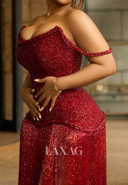 Bateau-Neck Off-Shoulder Sleeveless Fully Sequined Fringed Floor-Length Mermaid Prom Dress