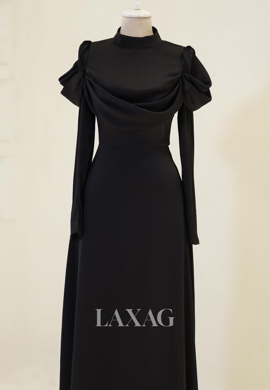 High-Neck Long-Sleeves Satin Pleated Floor-Length Simple Fitted Evening Dress