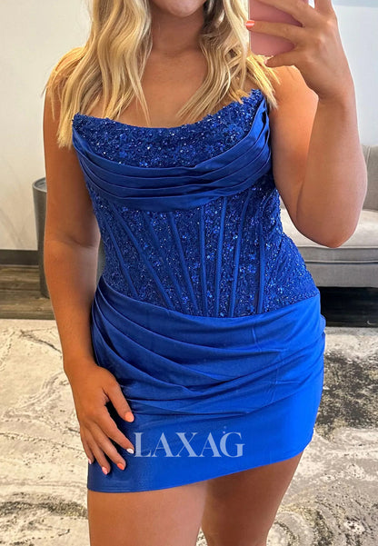 Scoop-Neck Sleeveless Applique Sequined Pleated Satin Mermaid Party Homecoming Dress