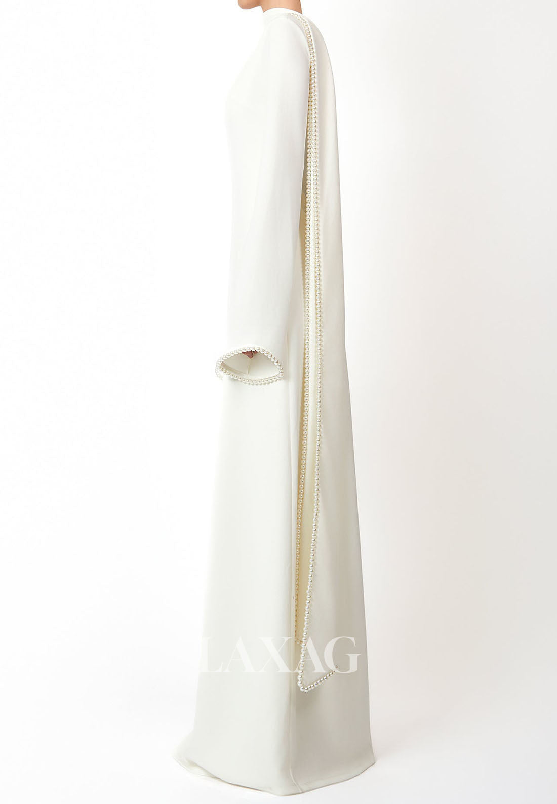 Scoop-Neck Long-Sleeves Pearls Satin Floor-Length Simple Fitted Formal Evening Dress with Overlay