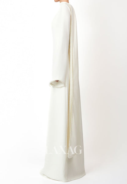 Scoop-Neck Long-Sleeves Pearls Satin Floor-Length Simple Fitted Formal Evening Dress with Overlay