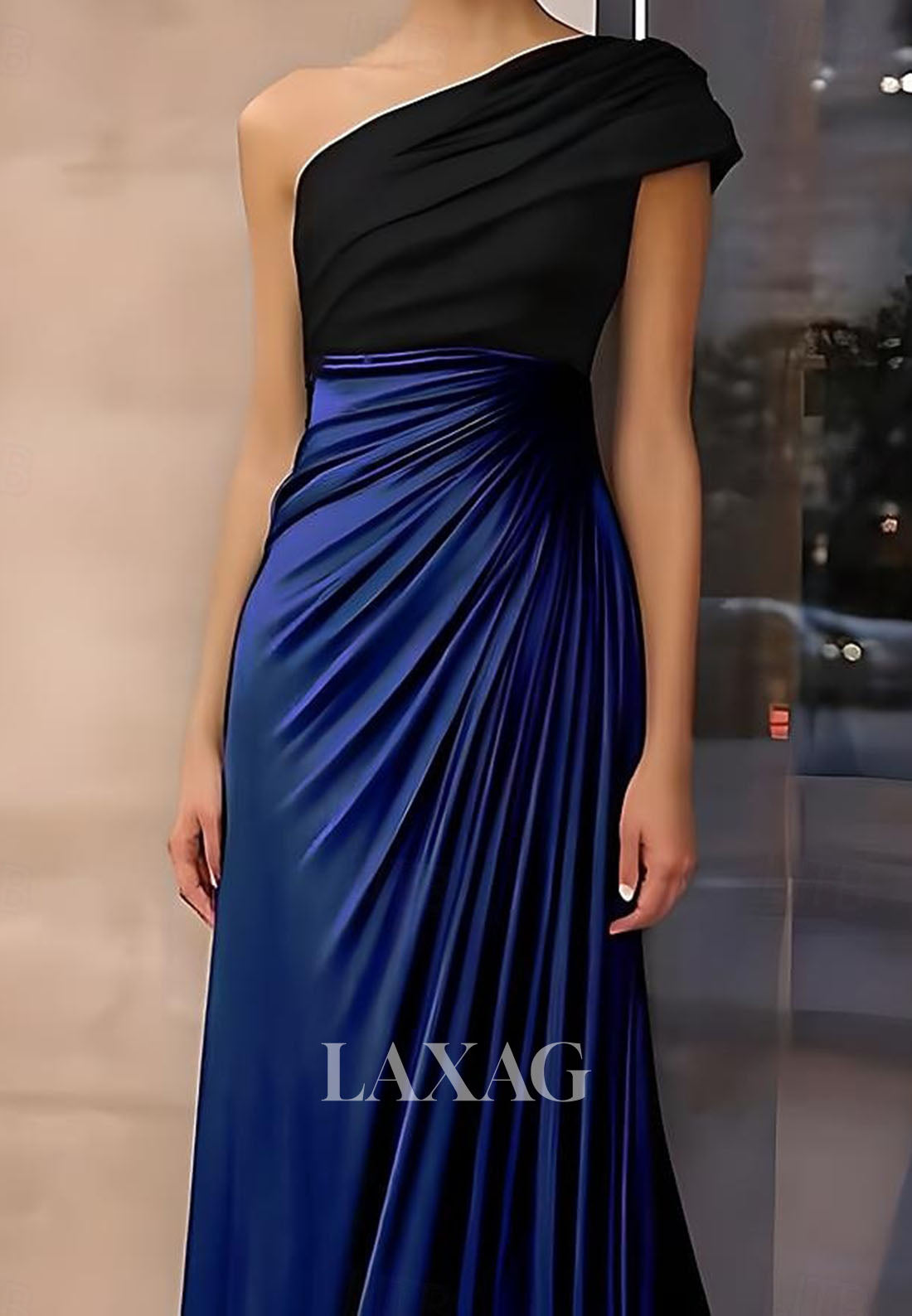 Asymmetrical-Neck Satin Pleated Formal Gowns Floor-Length Long A-Line Evening Dress