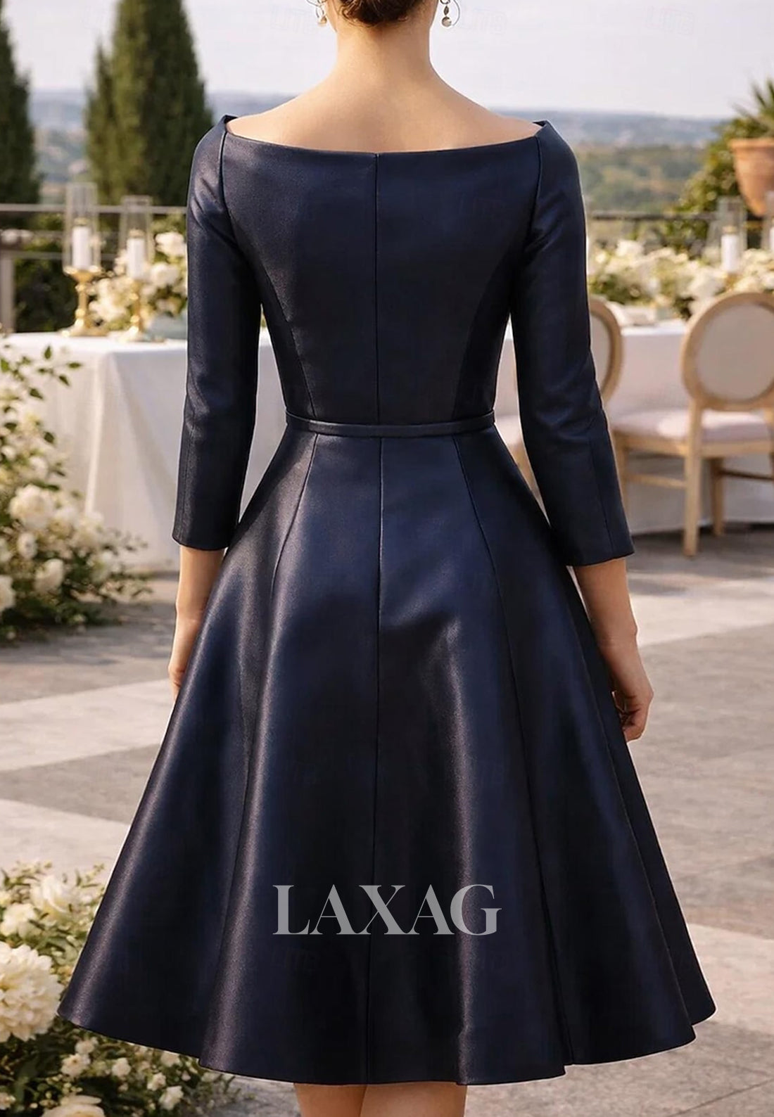 Bateau-Neck Long-Sleeves Knee-Length Satin Simple A-Line Mother of the Bride Dress