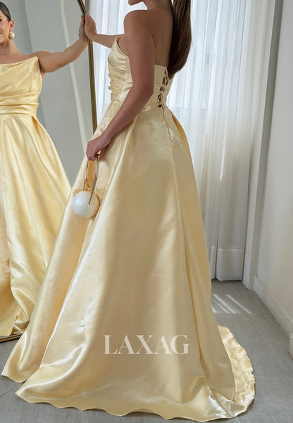 Asymmetrical-Neck Off-Shoulder Sleeveless Satin Pleated Floor-Length Mermaid Evening Dress