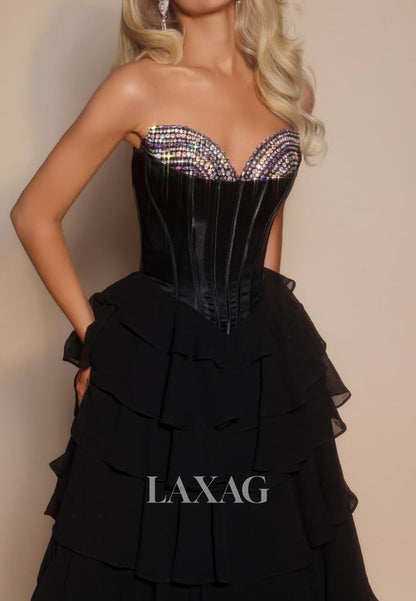 Sweetheart Off-Shoulder Sleeveless Beaded Pleated Chiffon Tiered A-Line Prom Dress with High Slit