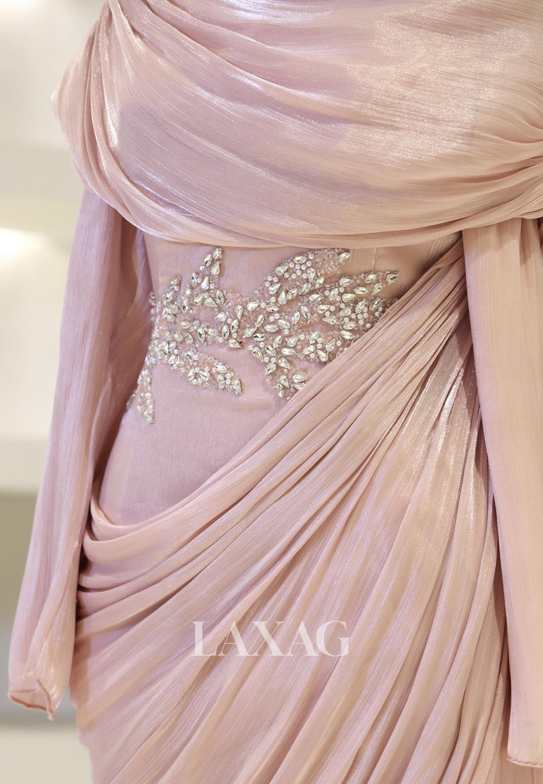 Scoop-Neck Long-Sleeves Rhinestone Beaded Chiffon Pleated Floor-Length Mermaid Evening Dress