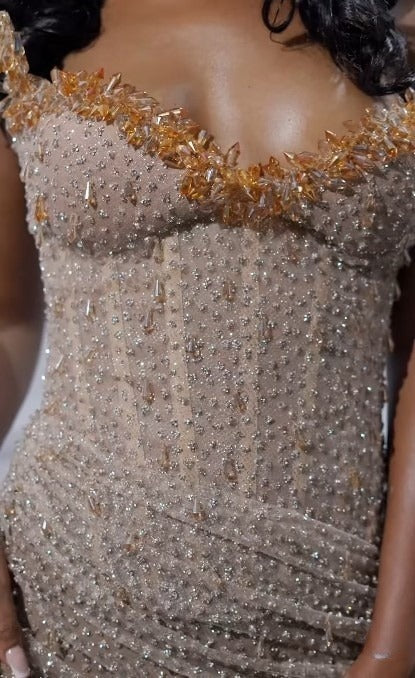 V-Neck Sleeveless Rhinestone Formal Gowns Fully Beaded Tulle Pleated Mermaid Prom Dress